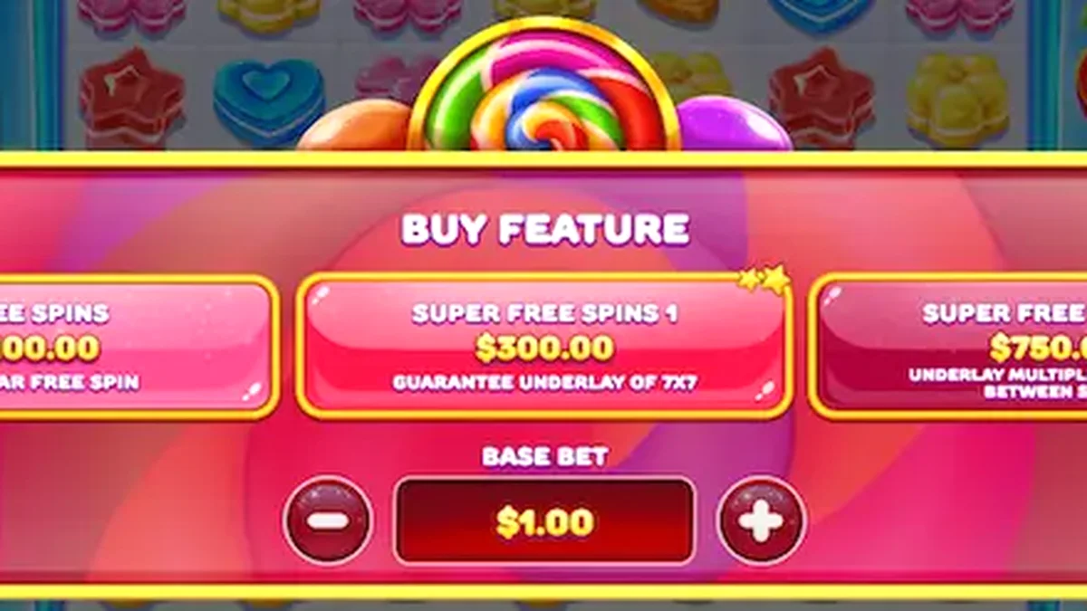 Candy Rush slot game interface na puno ng makukulay na kendi