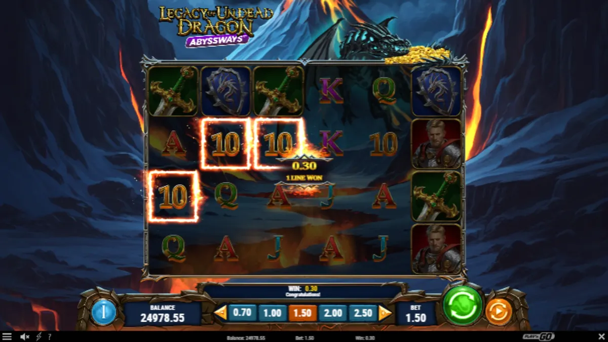 Isang cinematic na view ng Legacy of Undead Dragon Abyssways slot na nagpapakita ng dragon at medieval na tema.