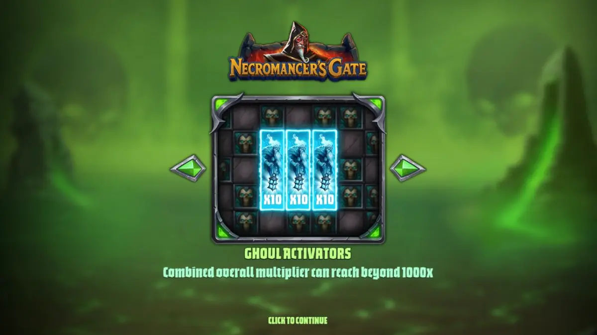 Ang madilim at gothic na visual na tema ng Necromancer’s Gate slot na may fluorescent green na mga bungo at spectral na disenyo.